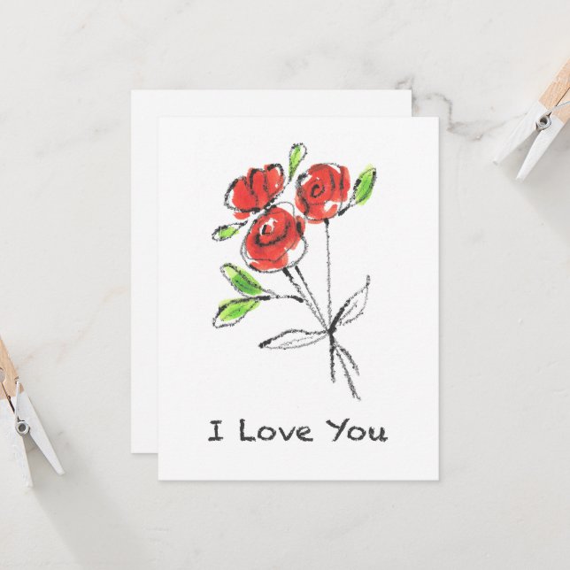 Three Red Roses Bouquet “I love you” Card (Front/Back In Situ)