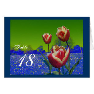Three red tulip flowers dinner table number cards.