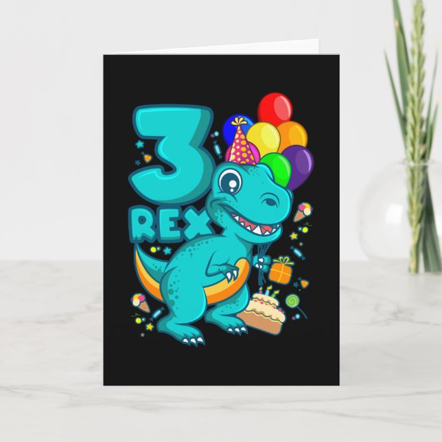 THREE REX 3 Year Old 3rd Birthday Boy Dino Card (Front)