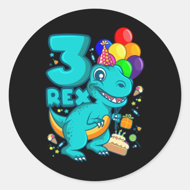 THREE REX 3 Year Old 3rd Birthday Boy Dino Classic Round Sticker (Front)