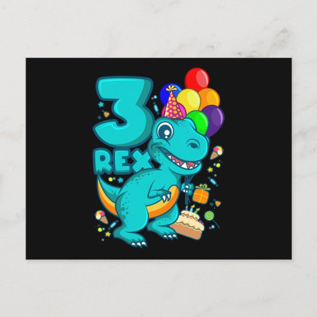 THREE REX 3 Year Old 3rd Birthday Boy Dino Postcard (Front)