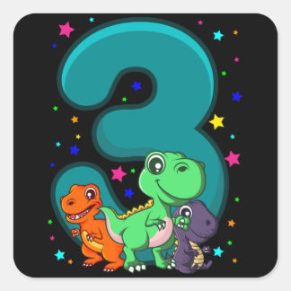 THREE REX 3 Year Old 3rd Birthday Kids Dino Square Sticker