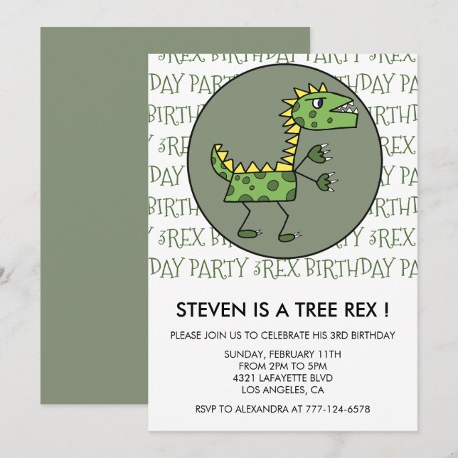 Three rex birthday invitation dinosaur 3rd kids (Front/Back)