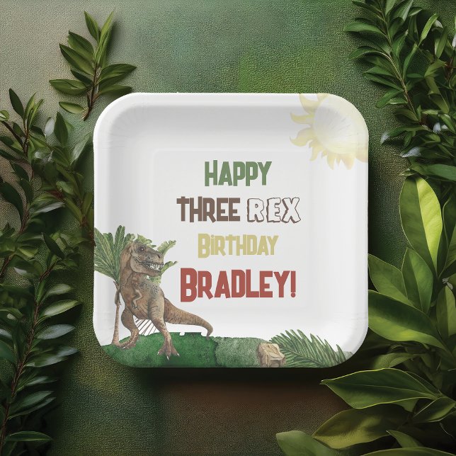 Three Rex Birthday Watercolor Dino Paper Plate (Creator Uploaded)