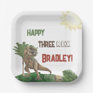 Three Rex Birthday Watercolor Paper Plate