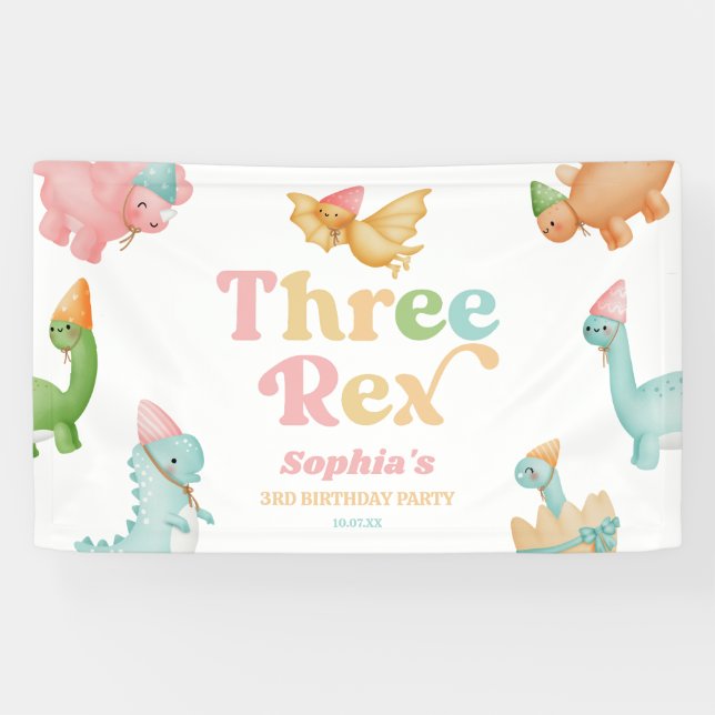 Three Rex Dinosaur 3rd Third Birthday Party Banner (Horizontal)