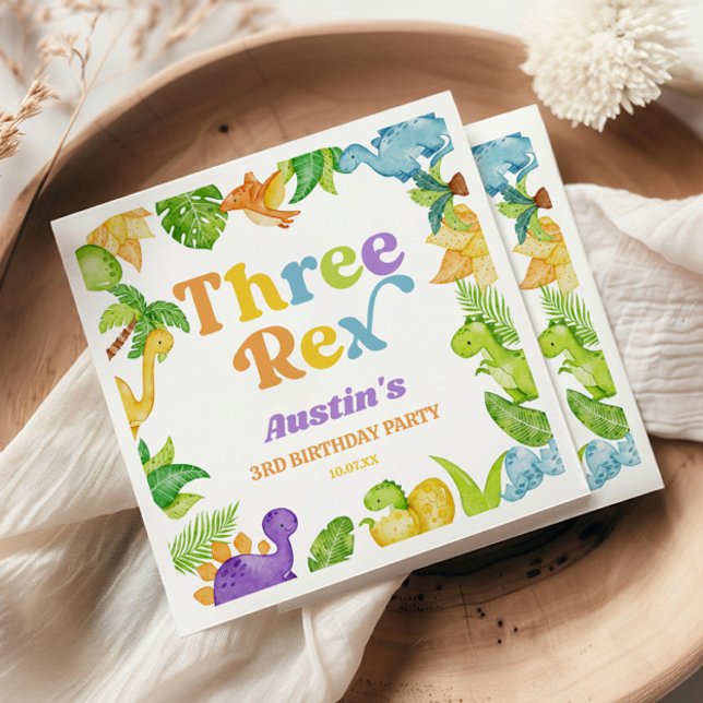 Three Rex Dinosaur 3rd Third Birthday Party Napkin (Creator Uploaded)