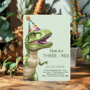 Three-Rex Dinosaur Birthday Green Dino Invitation