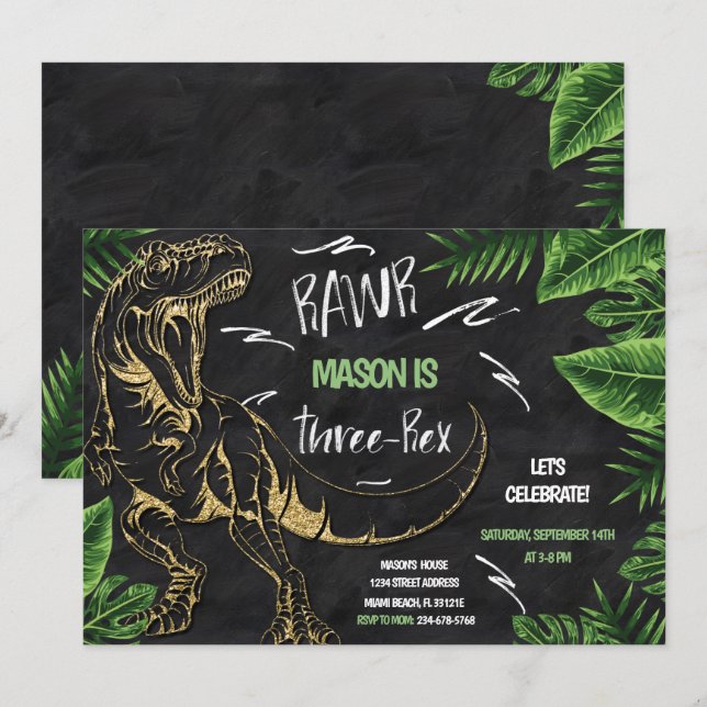 Three-Rex Dinosaur Birthday Invitation (Front/Back)