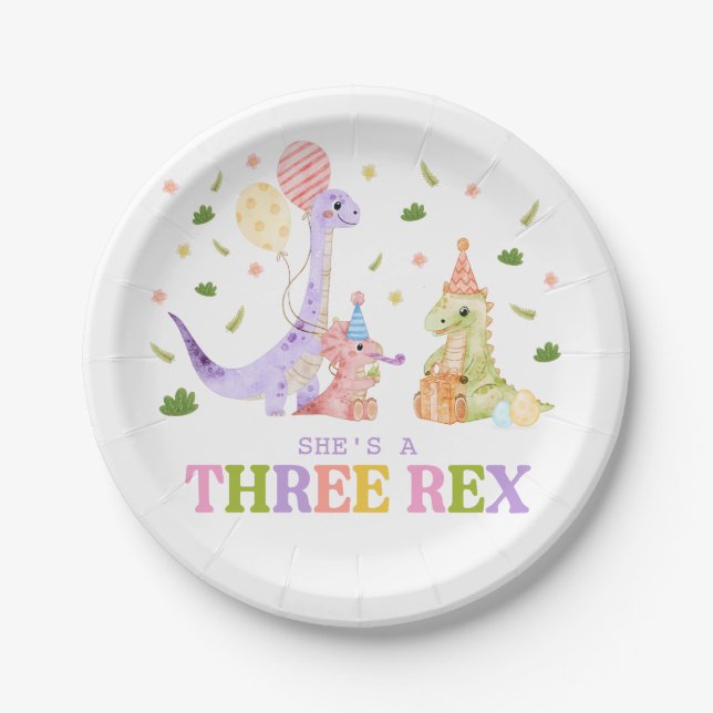 Three Rex Dinosaur Birthday Paper Plate (Front)