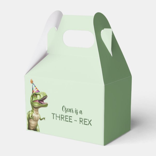 Three-Rex Dinosaur Birthday Party  | Green  Favor Box (Front Side)