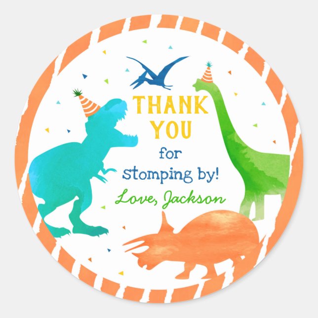 Three Rex Dinosaur Birthday Thank You Stickers (Front)