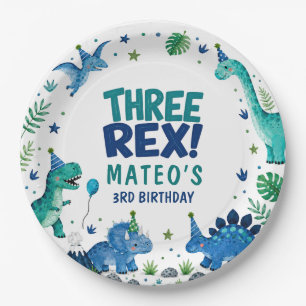 Three Rex Dinosaur Blue 3rd Birthday Paper Plate