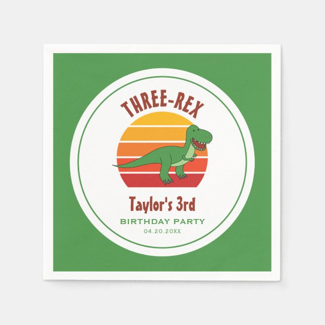 Three Rex Dinosaur Gender Neutral Fun 3rd Birthday Napkin (Front)