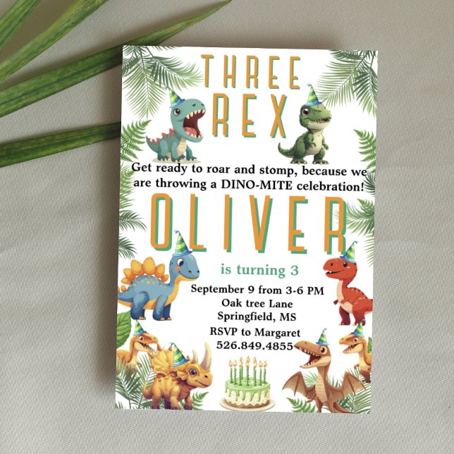 Three rex Dinsoaur birthday,watercolor t-rex Invitation (Creator Uploaded)