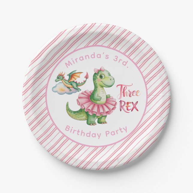 Three Rex Girl Birthday Party Paper Plate (Front)