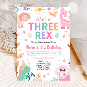 Three Rex Girl Dinosaur Pink Birthday Invitation