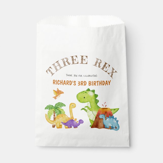 Three Rex Kids Dinosaur 3rd Birthday Party Favour Bag (Front)