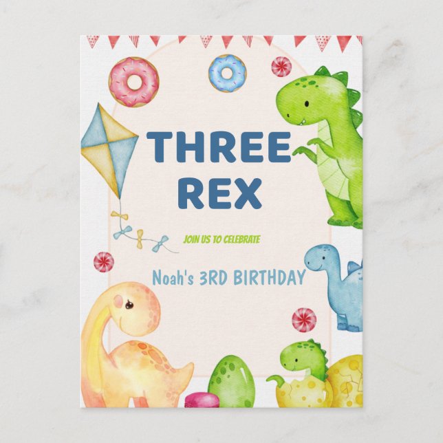 Three Rex Kids Dinosaur 3rd Birthday Party Postcard (Front)