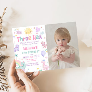 Three Rex Pastel Dinosaur 3rd Birthday Photo Invitation
