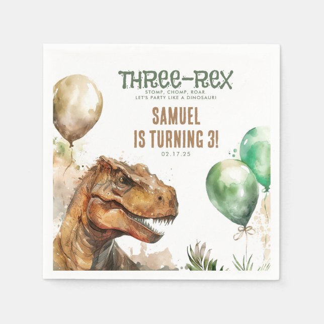 Three-Rex - Tyronasaurus Dinosaur Birthday Party Napkin (Front)