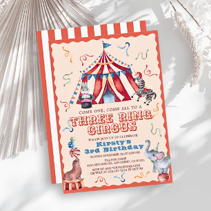 Three Ring Circus Carnival Animals 3rd Birthday Invitation