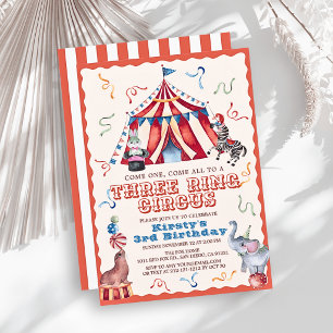 Three Ring Circus Carnival Animals 3rd Birthday Invitation
