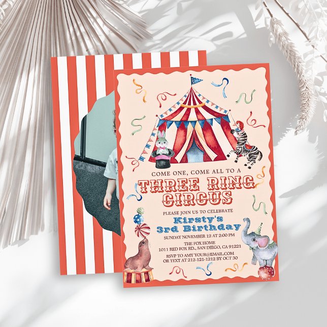 Three Ring Circus Carnival Photo 3rd Birthday Invitation (Creator Uploaded)