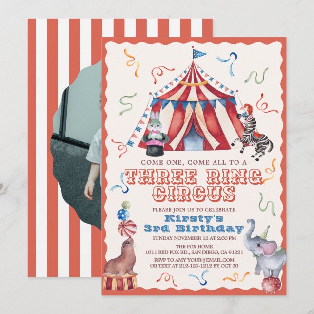 Three Ring Circus Carnival Photo 3rd Birthday Invitation (Front/Back)