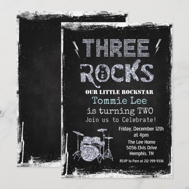 Three Rocks Rockstar Drum set 3rd Birthday  Invitation (Front/Back)