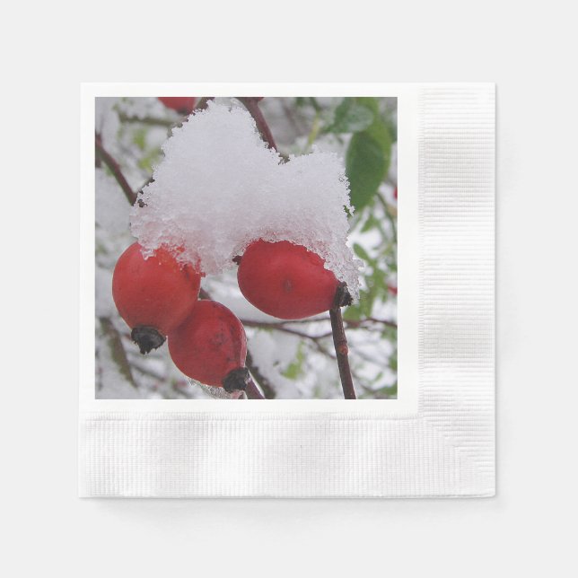 Three rosehips with snow cap napkin (Front)