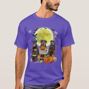 Three Rottweiler Dogs Witch Scary Mummy Halloween T-Shirt