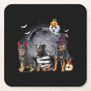 Three Rottweilers Satan Witch Mummy Halloween Cost Square Paper Coaster