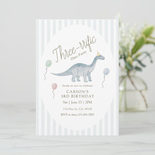 Three-rrific Dinosaur Birthday Invitation (Standing Front)
