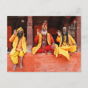 Three Saddhus Sitting on the Vishnu Temple Nepal Postcard