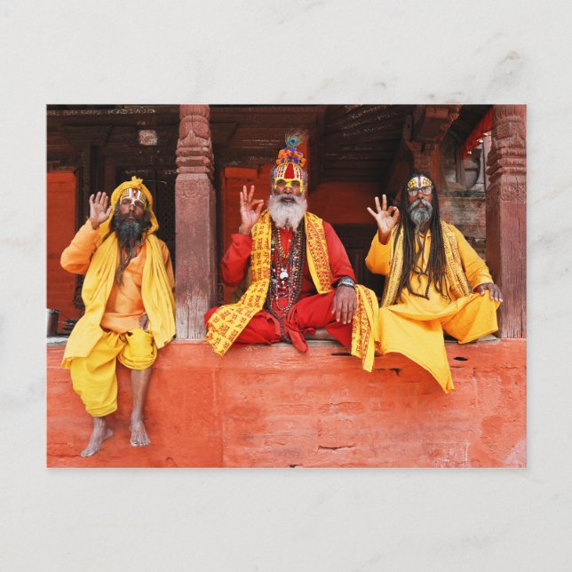 Three Saddhus Sitting on the Vishnu Temple Nepal Postcard (Front)