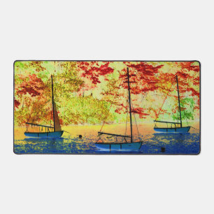 Three Sailboats Autumn Sky Fall Scene Desk Mat
