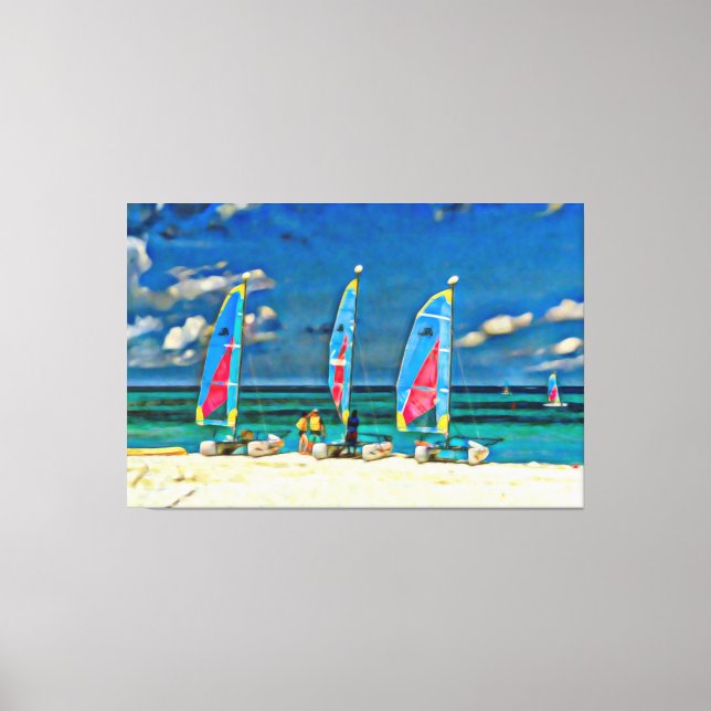 Three Sailboats on the Beach Tropical Beach Scene Canvas Print (Front)