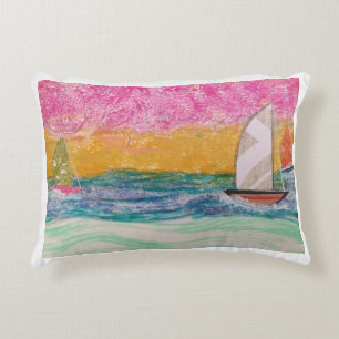 Three Sailboats Pink Sky Accent Pillow