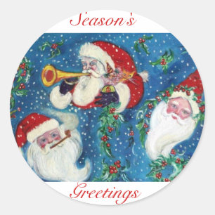 THREE SANTA / CHRISTMAS NIGHT White Blue Classic Round Sticker
