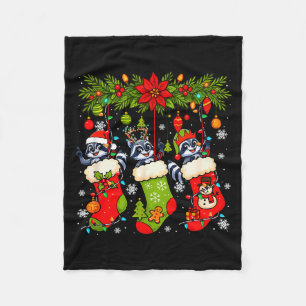 Three Santa Elf Reindeer Raccoons In Xmas Colorful Fleece Blanket