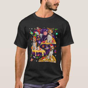 Three Santa Reindeer Elf Beagles Riding Pizzas Cut T-Shirt