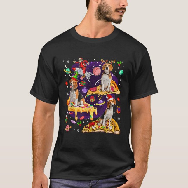 Three Santa Reindeer Elf Beagles Riding Pizzas Cut T-Shirt (Front)