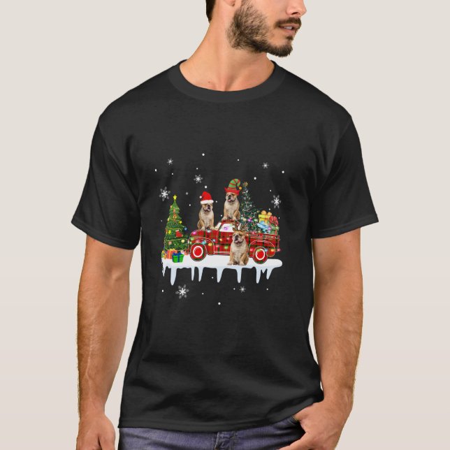 Three Santa Reindeer Elf English Bulldogs Xmas Pic T-Shirt (Front)