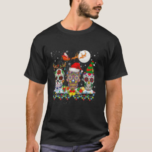 Three Santa Reindeer Elf Floral Skulls Christmas T T-Shirt