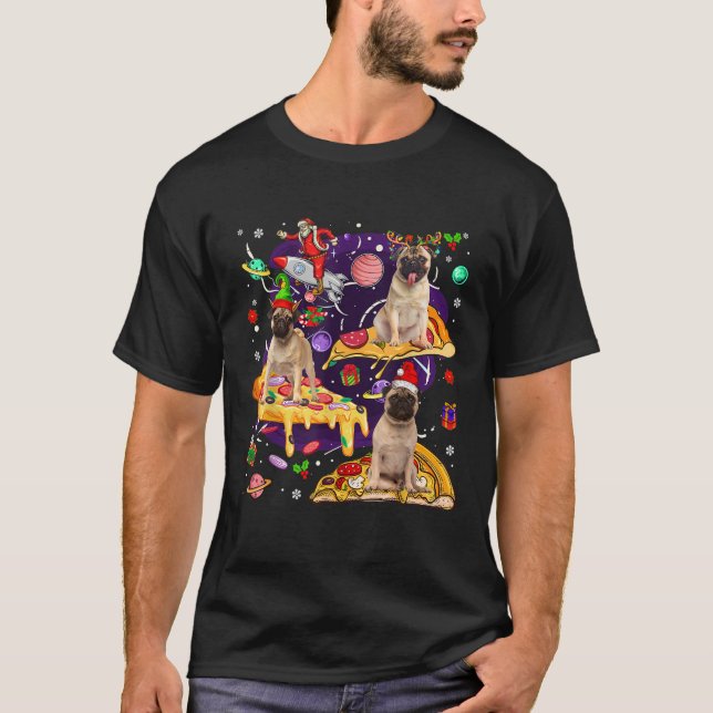 Three Santa Reindeer Elf Pugs Riding Pizzas Cute P T-Shirt (Front)