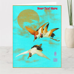 Three sarus crane flying in front of the moon card