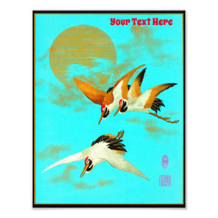 Three sarus crane flying in front of the moon photo print