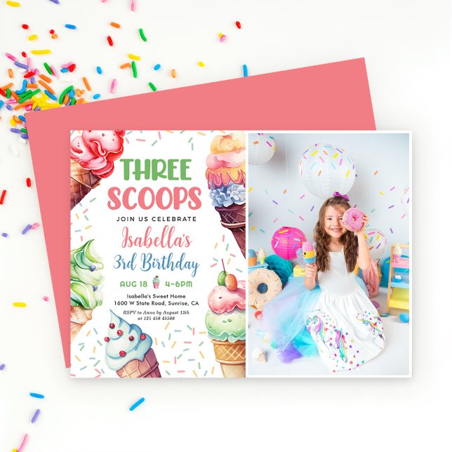 Three Scoops Girls Ice Cream 3rd Birthday  Invitation (Creator Uploaded)