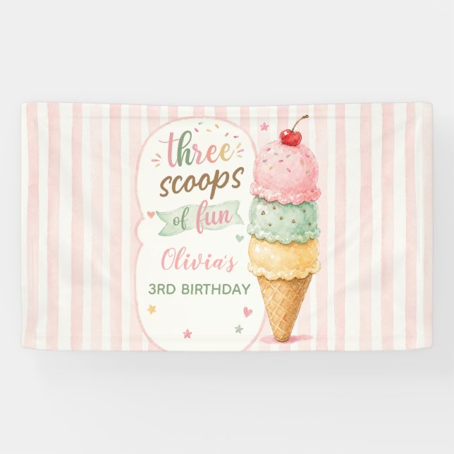Three Scoops Of Fun 3rd Birthday Party  Banner (Horizontal)